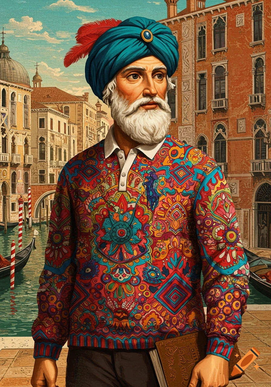 Bearded man in a blue turban and colorful shirt holds a book, standing in Venice with canals and buildings behind him.