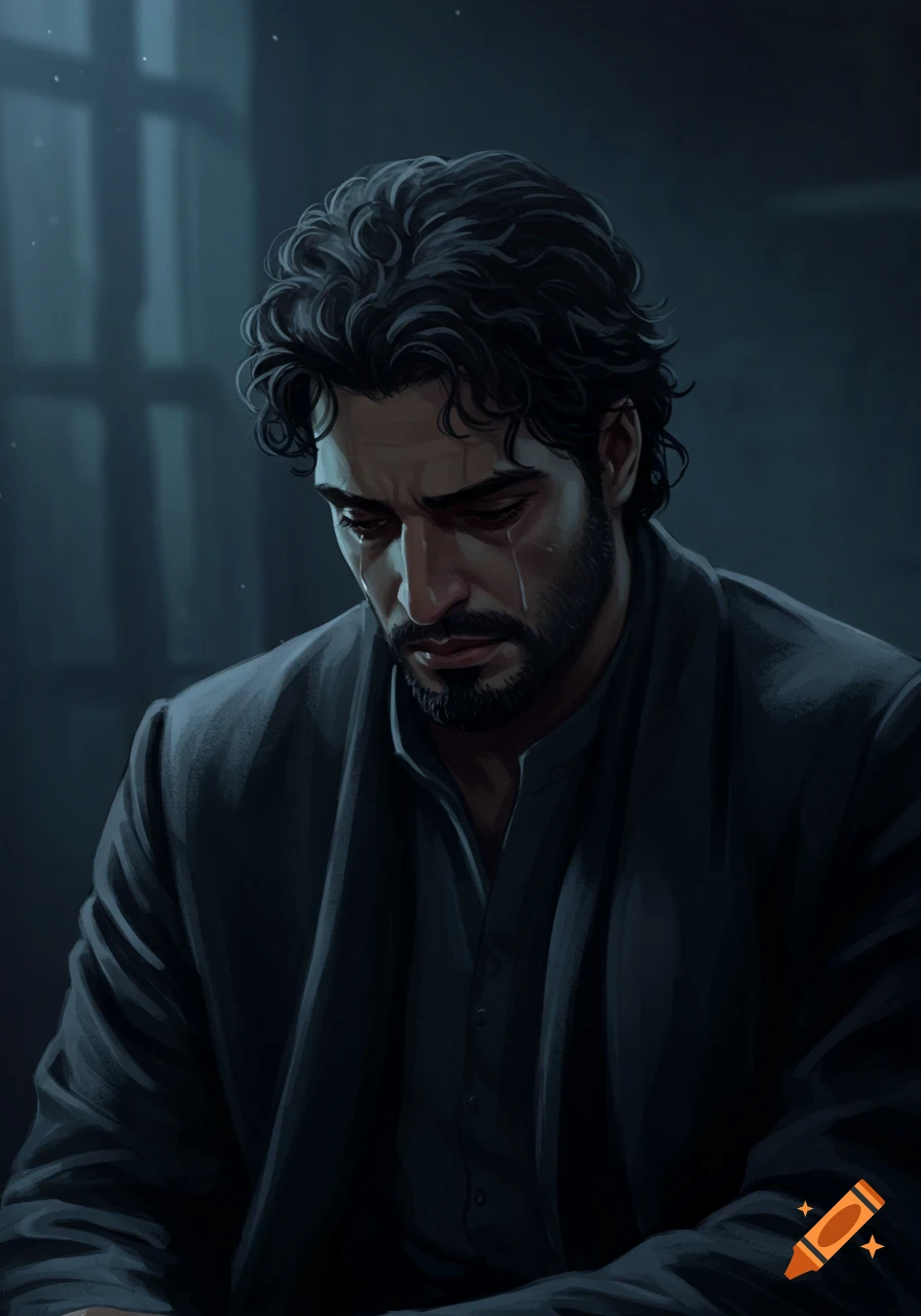 Digital art portrait of a man in a dark suit, crying.