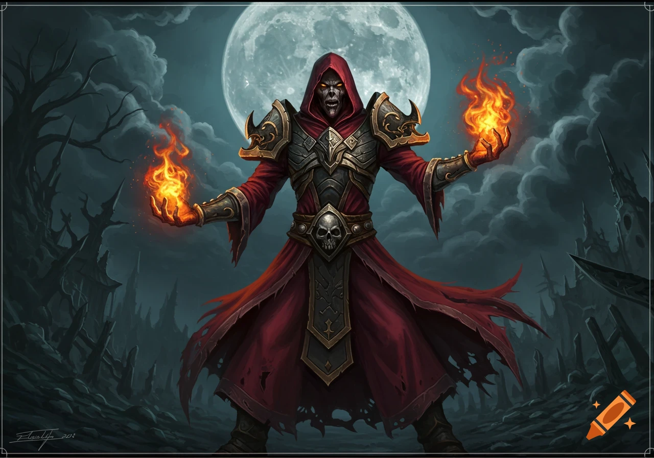 Undead red wizard casting fire spells under a full moon in a dark fantasy landscape, World of Warcraft art style.