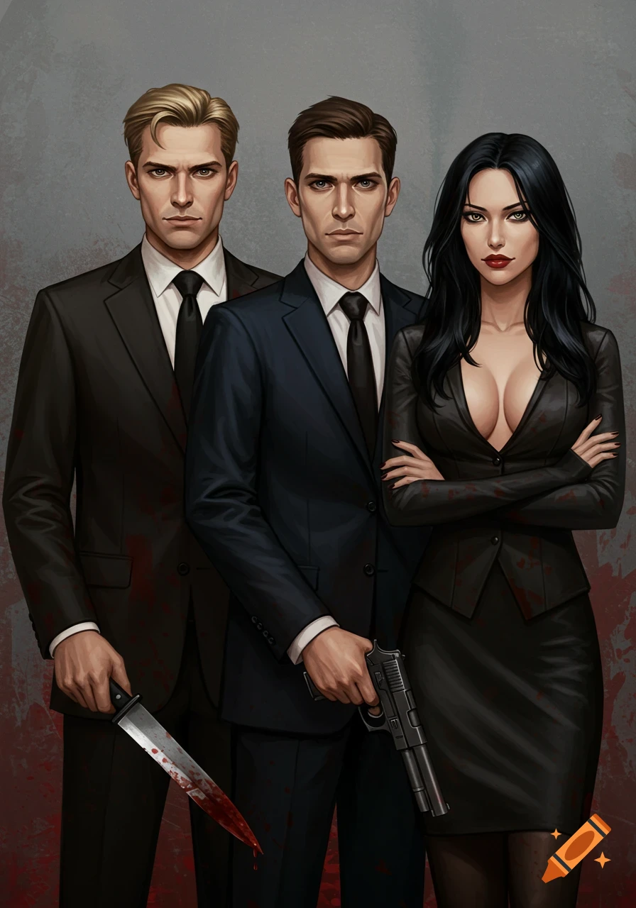 Three figures in suits, two men and one woman, holding a bloody knife and a gun in front of a blood-spattered wall. Digital painting.