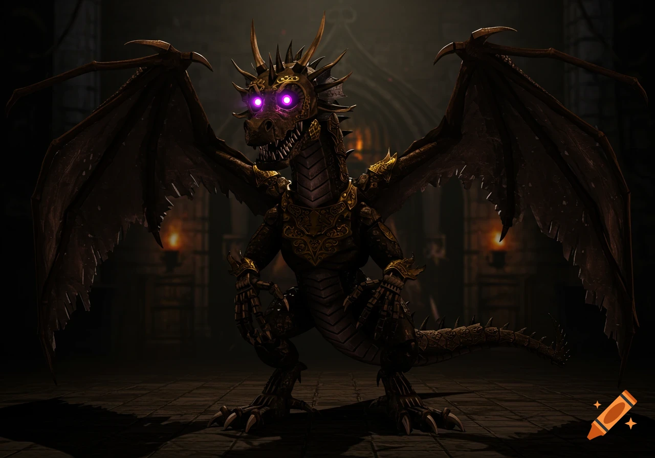 A menacing animatronic dragon with glowing purple eyes stands in a dark, medieval-style room.