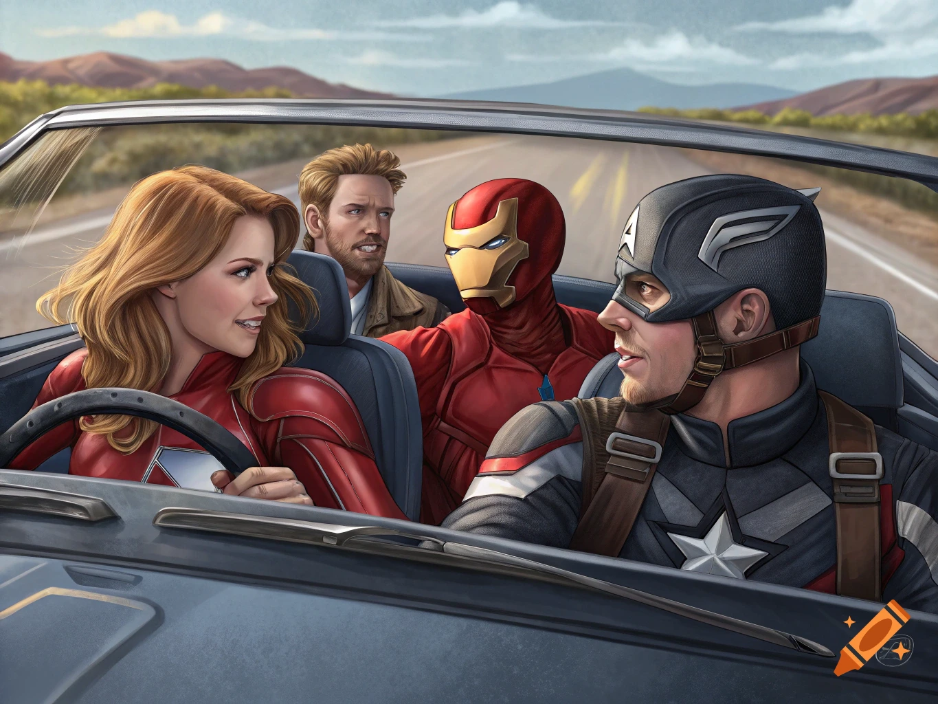 Illustration of Marvel superheroes in a convertible car.