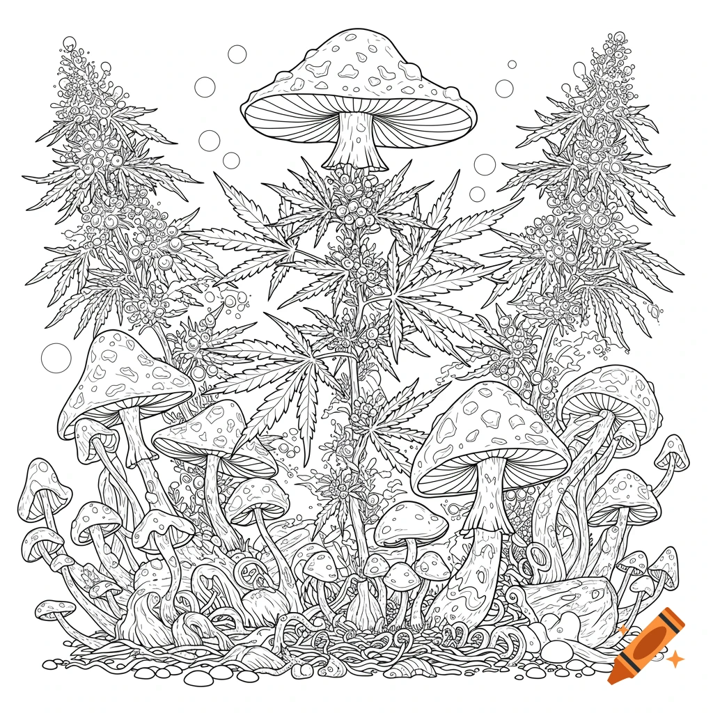 Black and white line drawing of cannabis plants and various mushrooms, suitable for coloring.