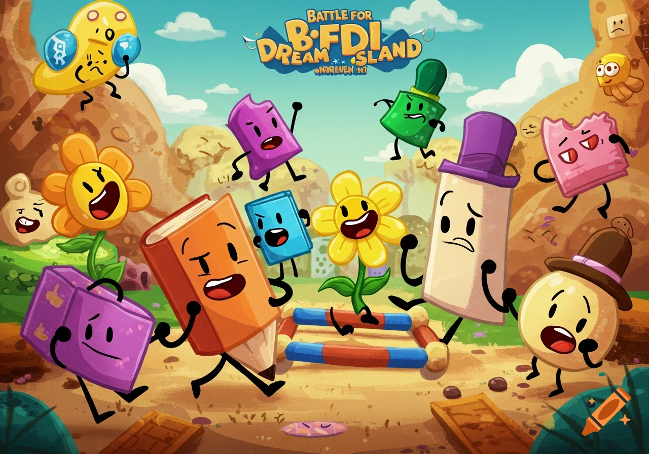 A colourful cartoon illustration of object characters from Battle For Dream Island running outside. Title text reads "Battle For Dream Island".