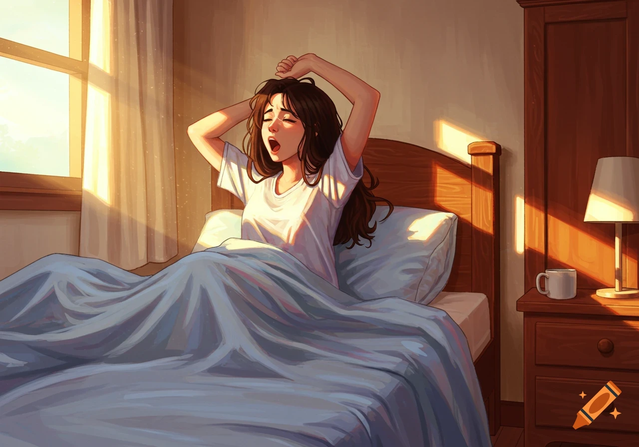 Illustration of a woman stretching and yawning in bed in the morning light.