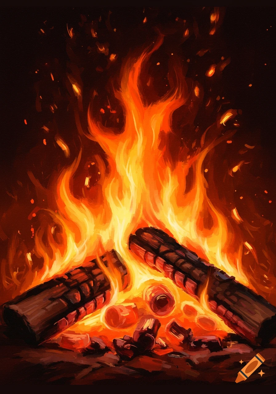 A painterly illustration of a warm fire burning with logs.