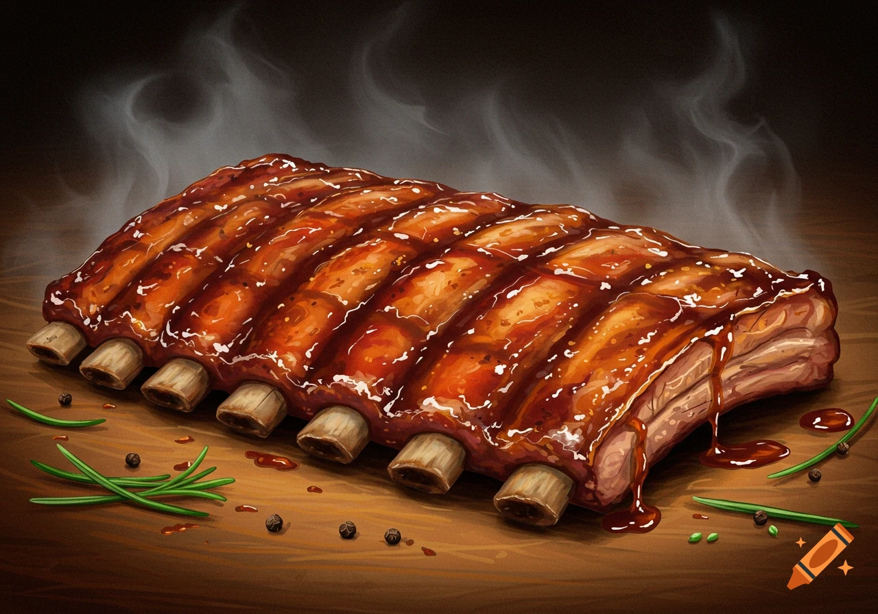 Illustration of a rack of BBQ ribs with sauce, smoke, rosemary, and peppercorns on a wooden surface.