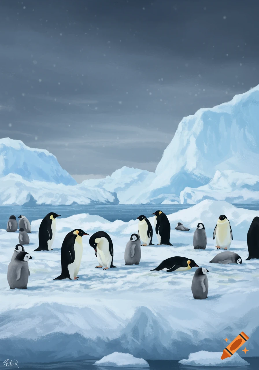 Painterly scene of emperor and juvenile penguins on ice floes with icebergs.
