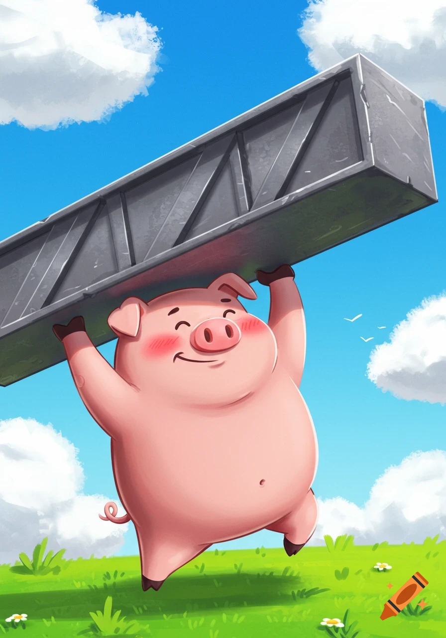 A cartoon pig lifts a heavy metal beam over its head in a field