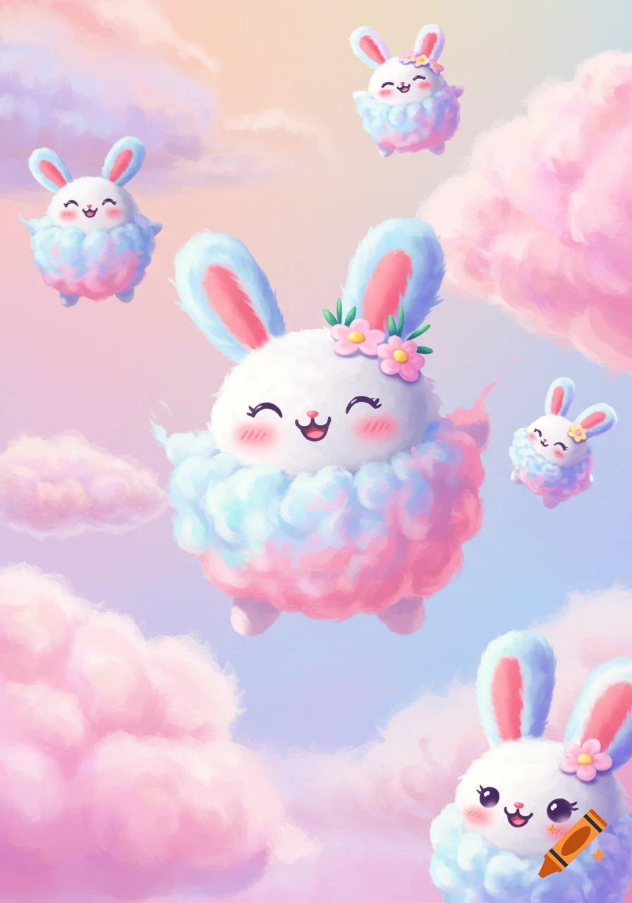 Several fluffy cartoon bunnies float among pastel clouds in a pink and purple sky, digital art.