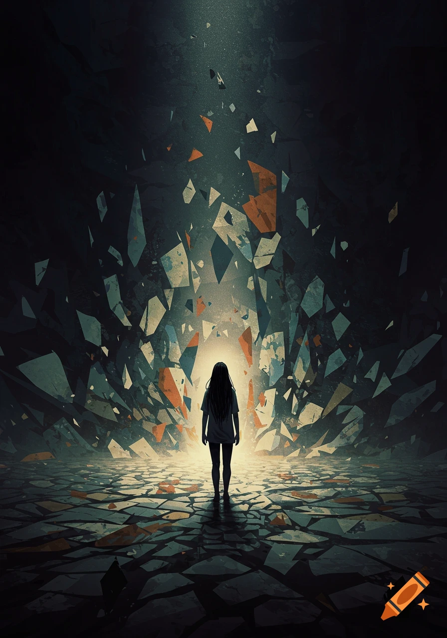 A solitary figure stands in a dark, fractured landscape with light emerging from behind them.