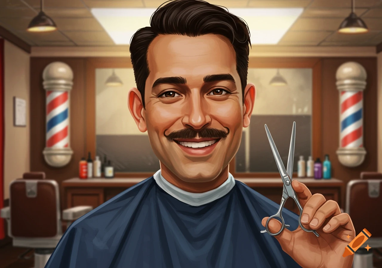 Illustration of a smiling barber with a mustache holding scissors in a barber shop.