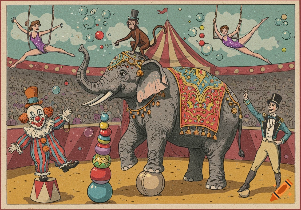 Illustration of a lively circus scene with an elephant balancing on a ball, a clown, acrobats, a ringmaster, and an audience under a tent.