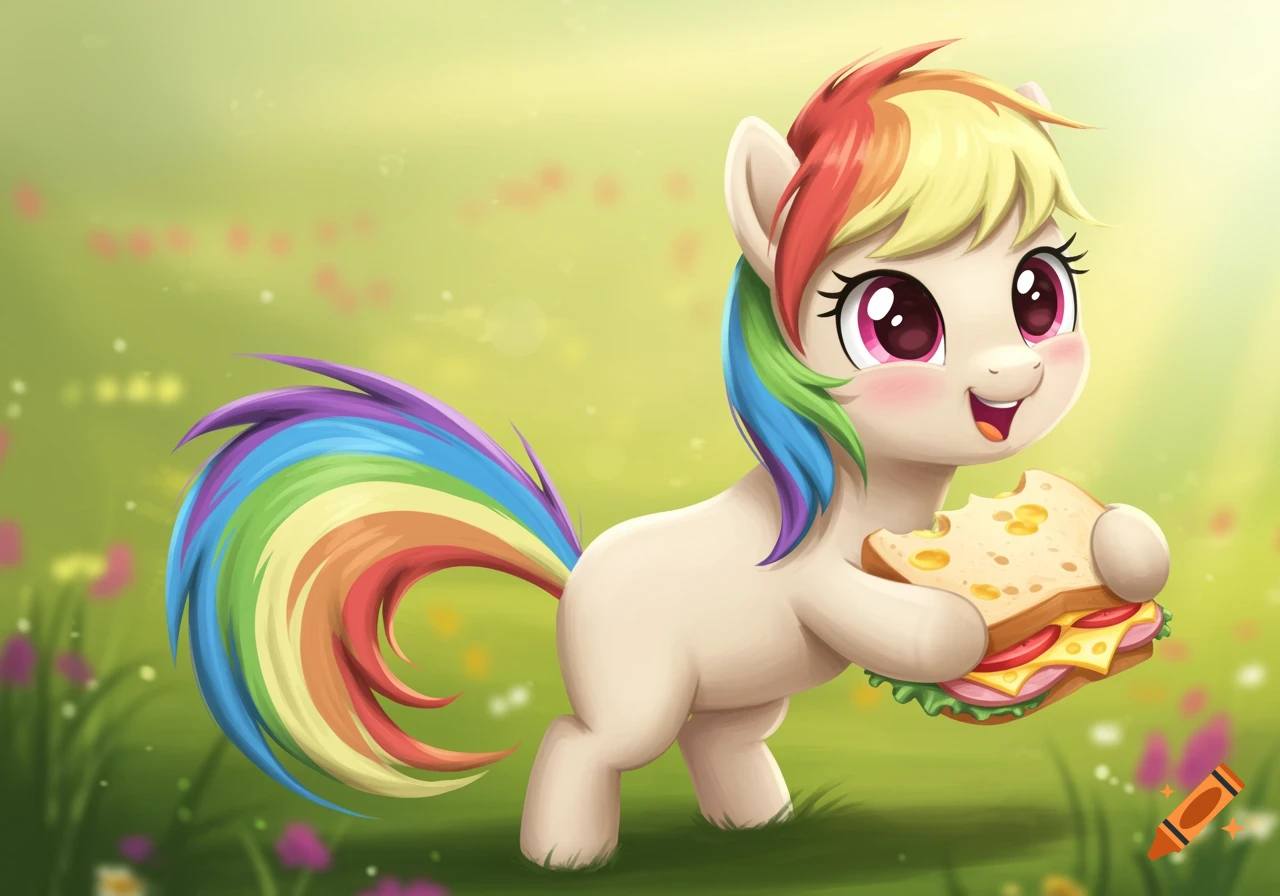 A cute cartoon pony with a rainbow tail holds and eats a sandwich in a grassy field.