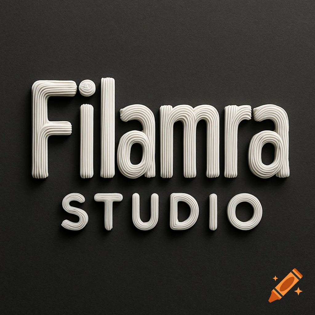 3D logo for Filamra Studio with filament style font on a dark background.