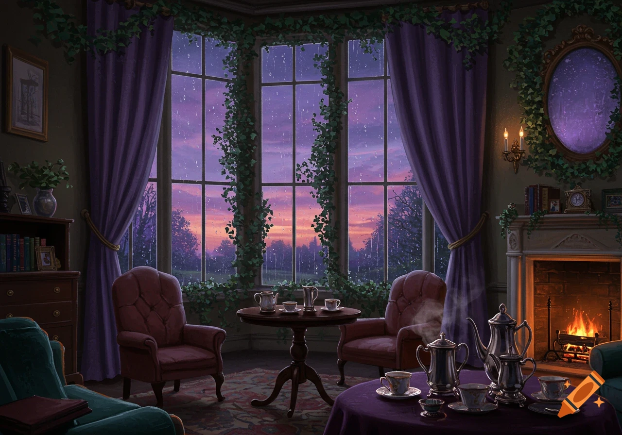 A cozy drawing room with a fireplace and large windows showing a rainy dusk sky. Teacups are on tables.
