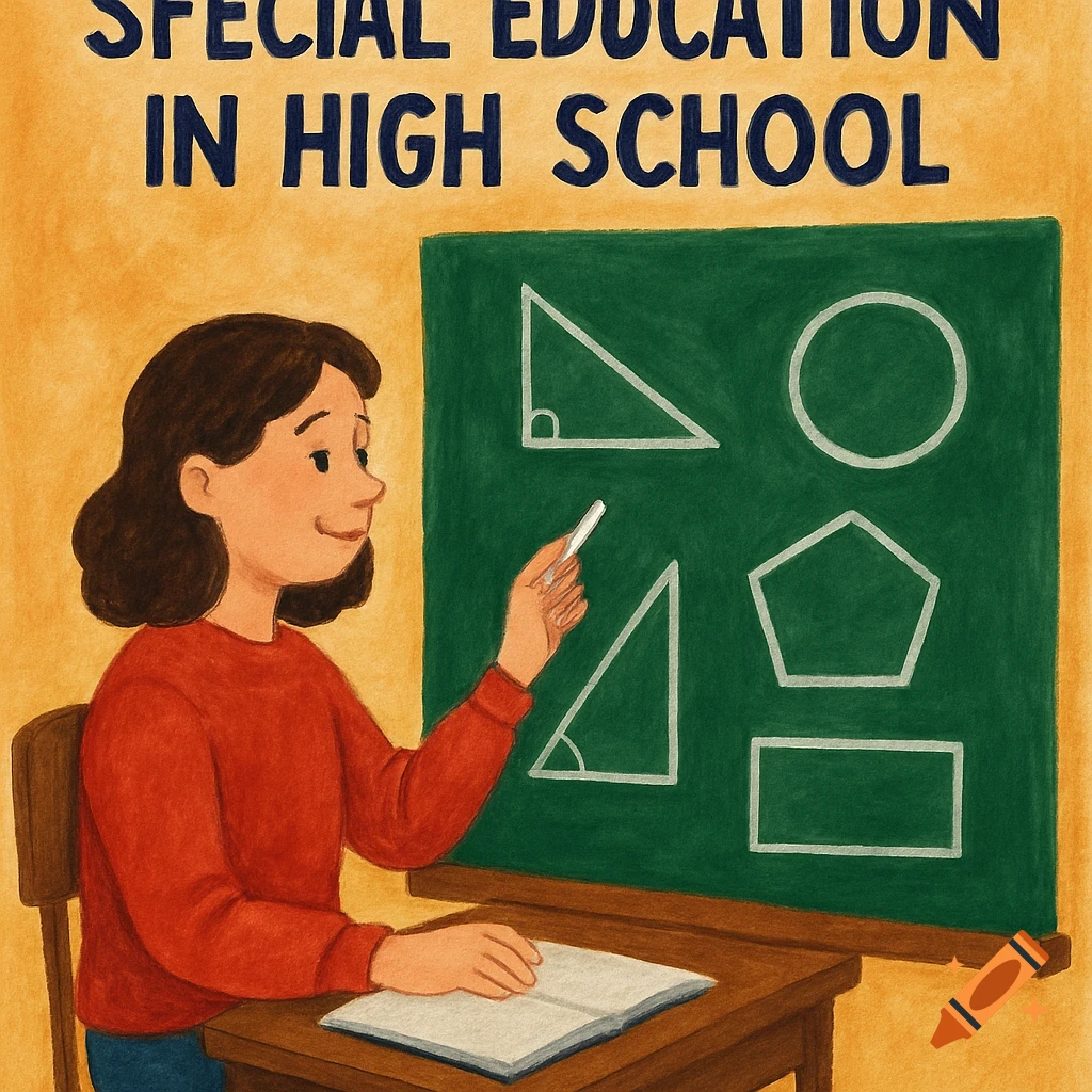 Illustration of a student or teacher pointing at a chalkboard with geometric shapes and text above.