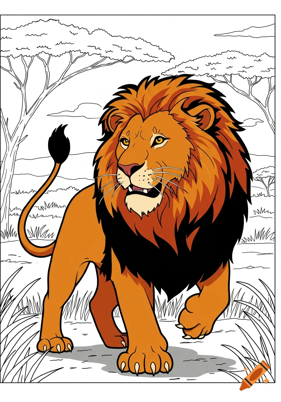 A cartoon-style coloring page of a lion standing in an African savanna.