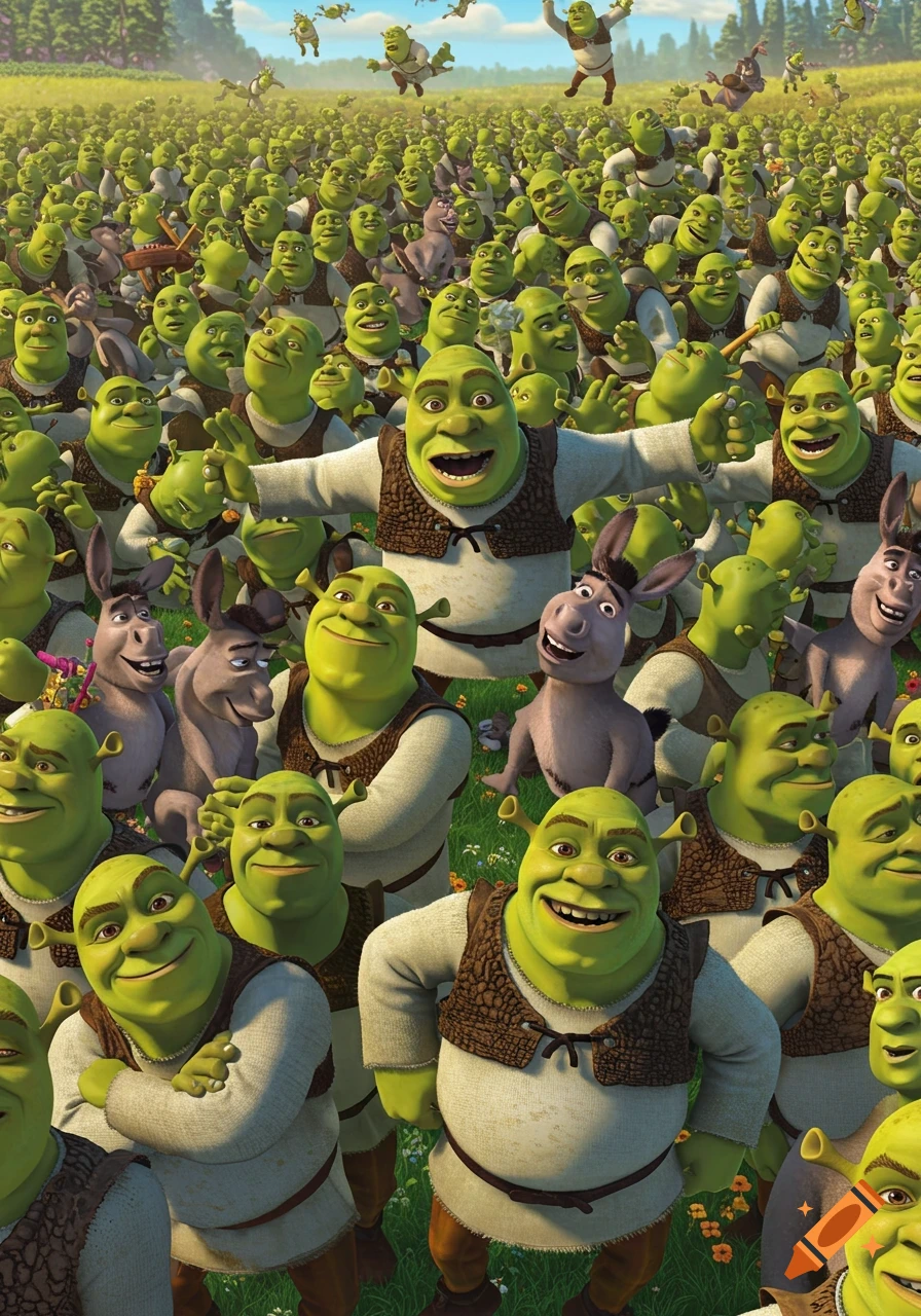 A massive crowd of Shrek and Donkey characters in a field