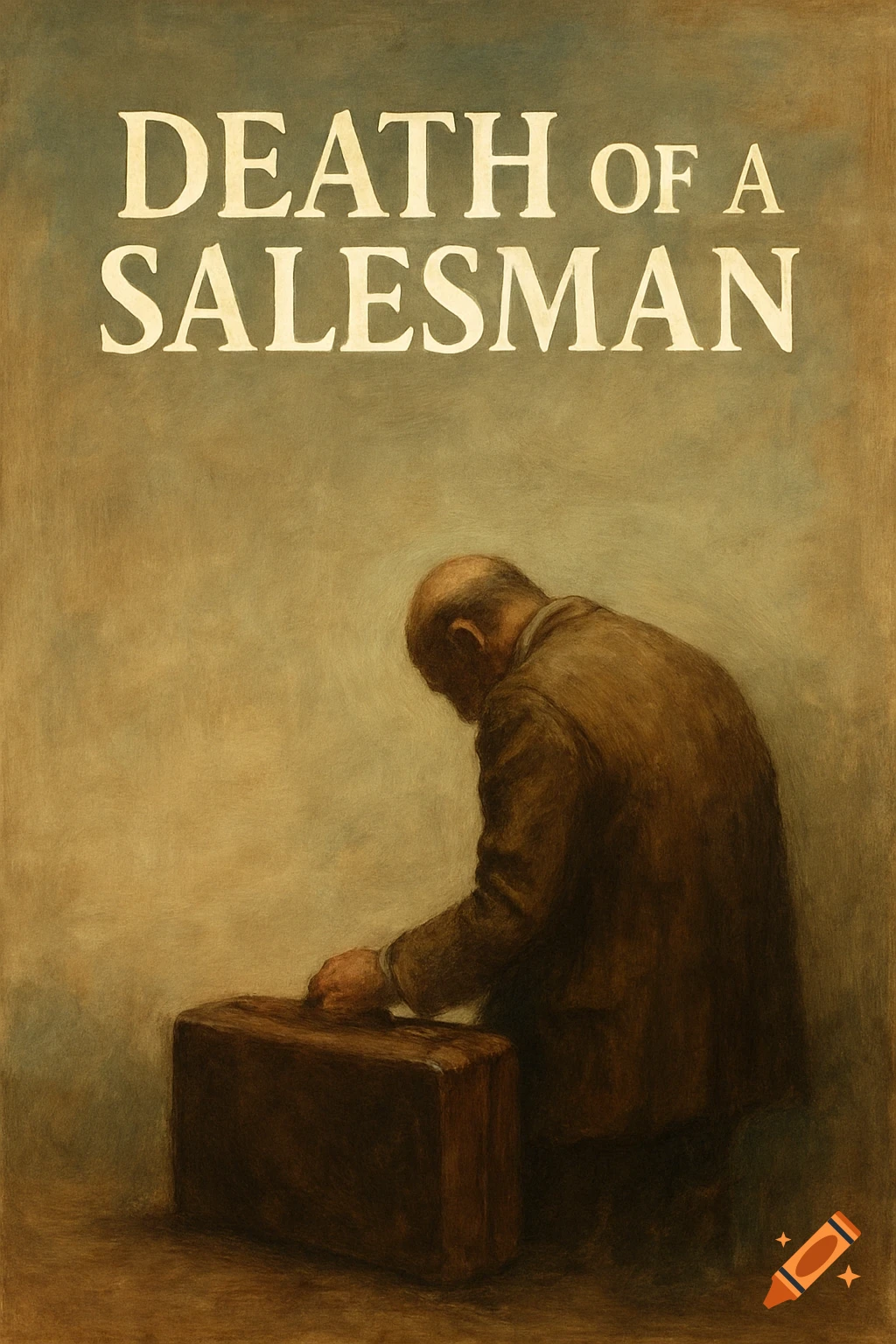 Illustration of a man with a suitcase and the title 'Death of a Salesman' above.