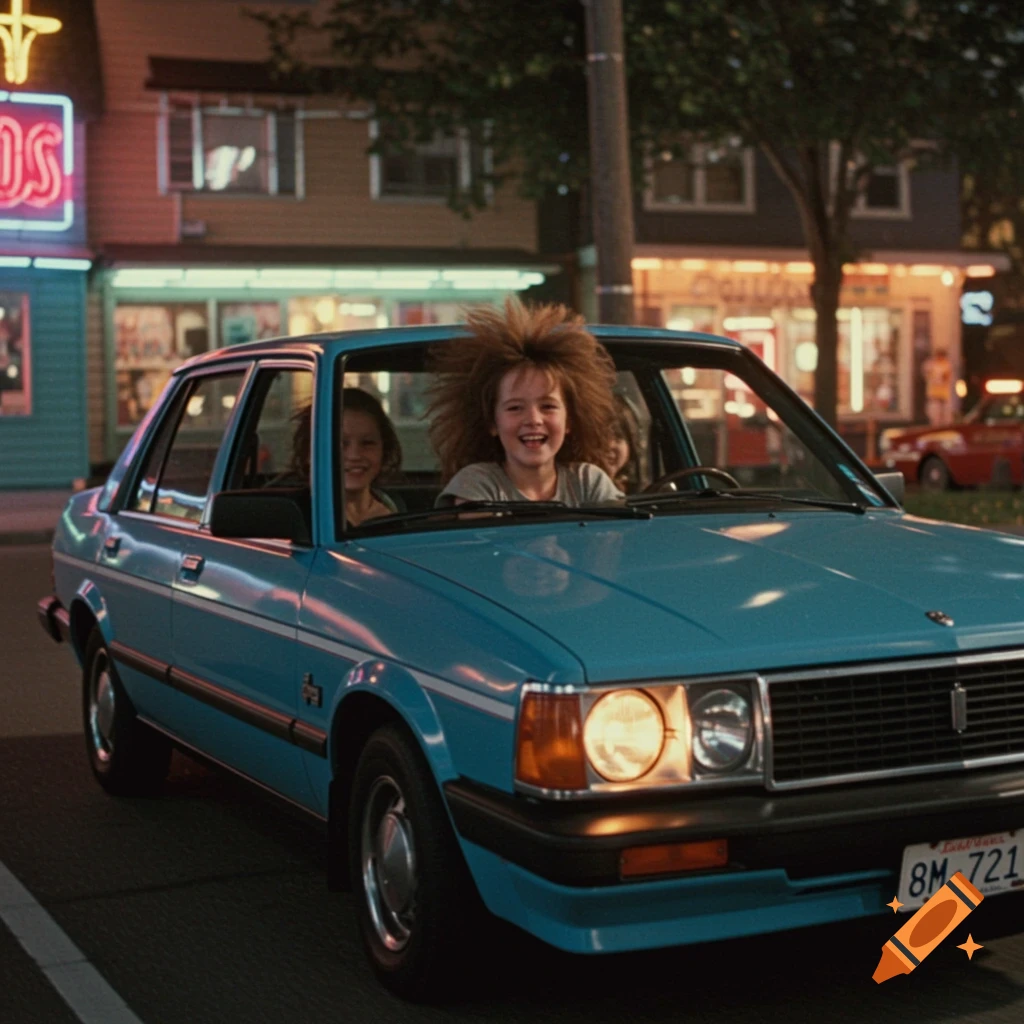 Two children laugh in a light blue car driving down a street at night, like a movie scene.