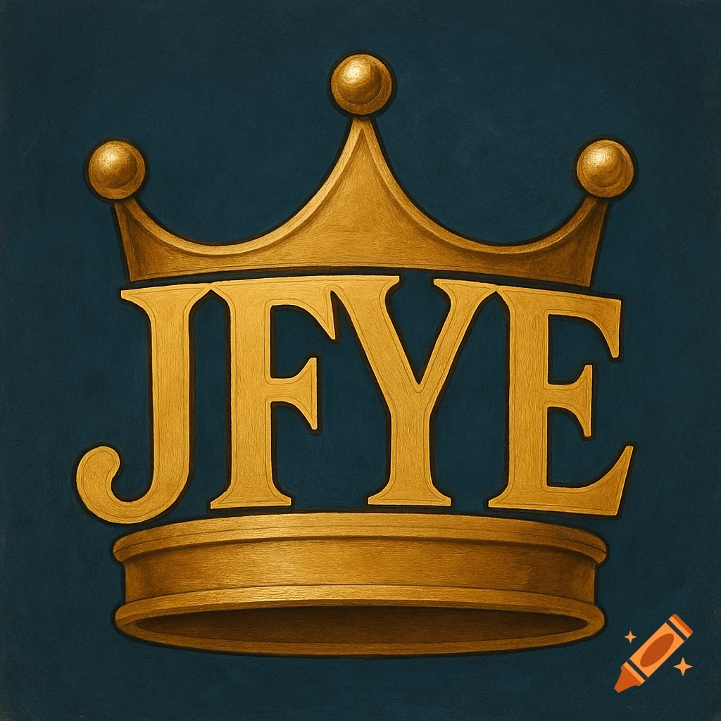 A golden crown featuring the letters JFYE on a dark blue painted background.