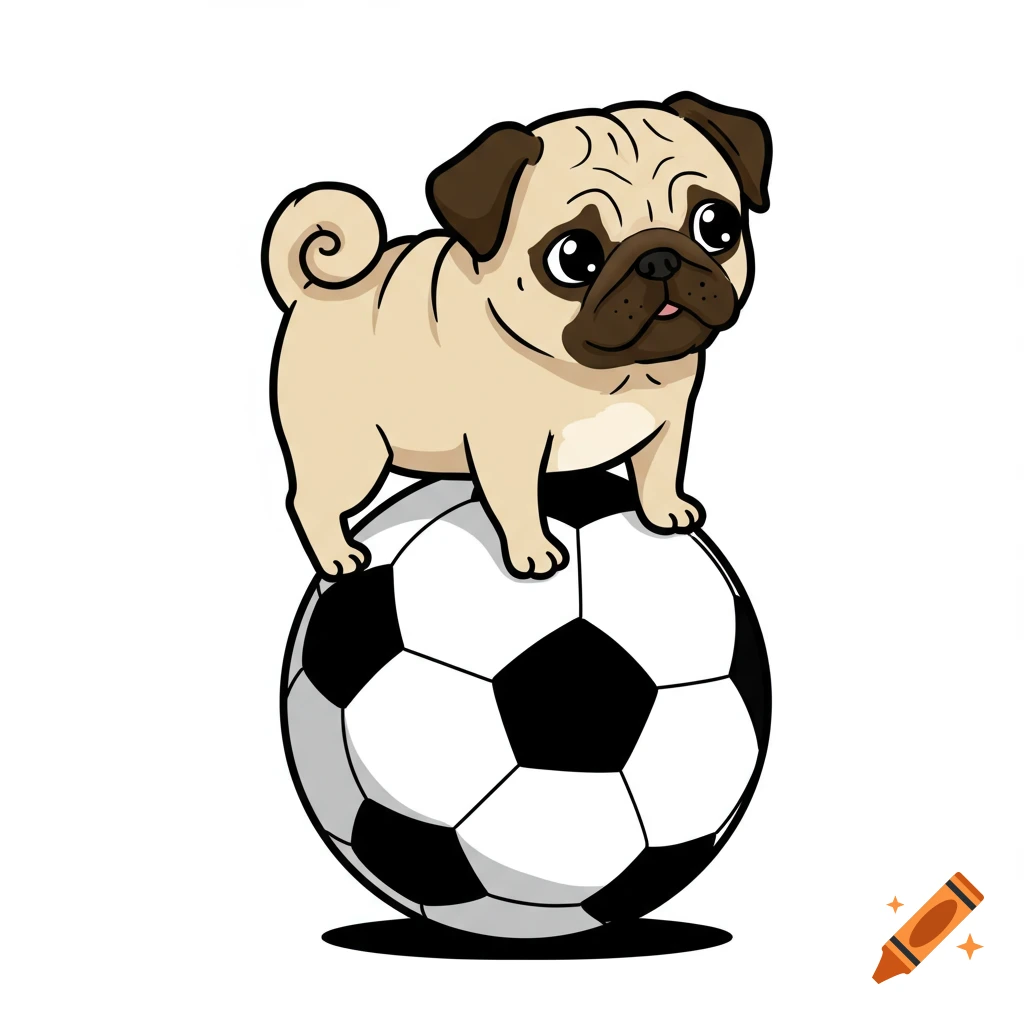 A cartoon pug stands on top of a soccer ball.