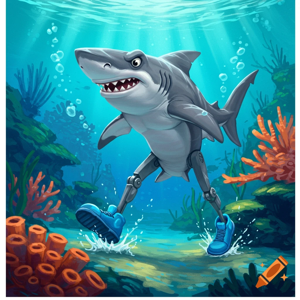 Cartoon shark with robotic legs and blue shoes walking underwater among coral.