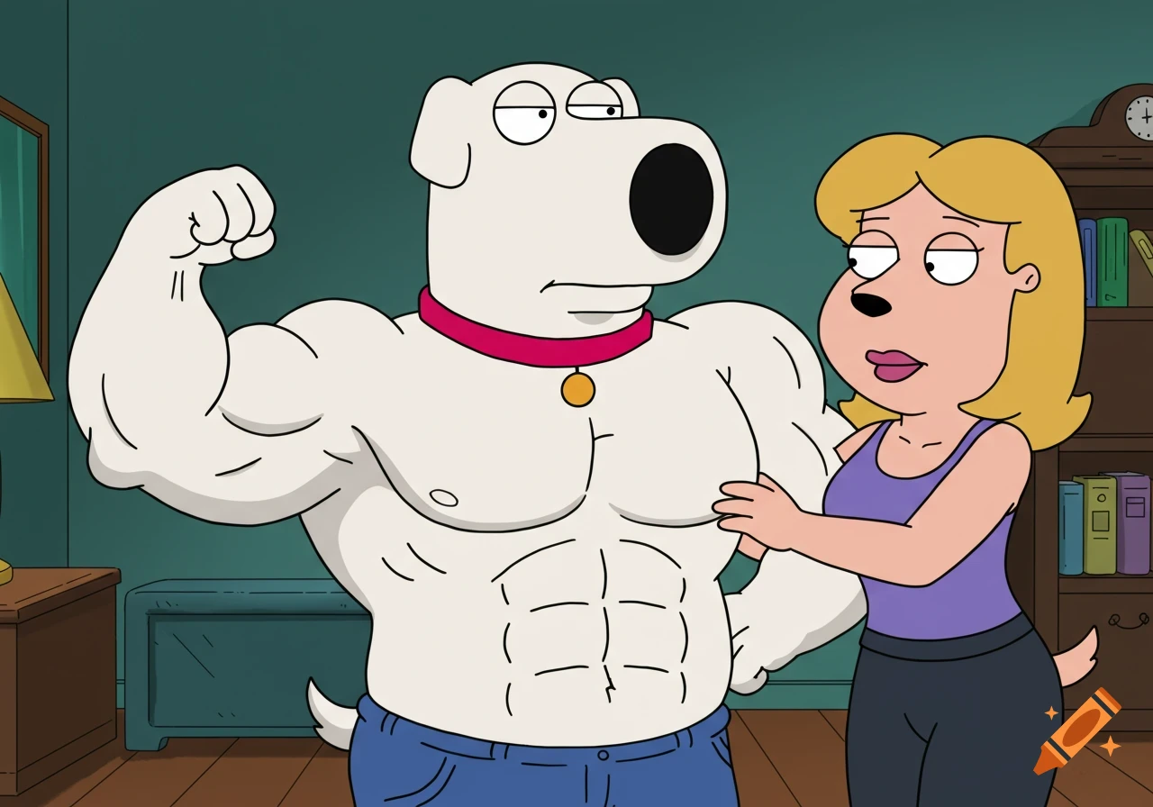 Cartoon dog Brian from Family Guy flexing his muscles next to a female character