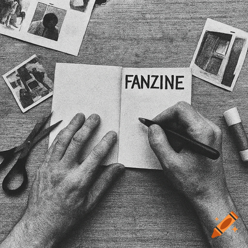 Top-down black and white image of hands writing "FANZINE" in a notebook, with scissors, glue stick, and small pictures nearby.