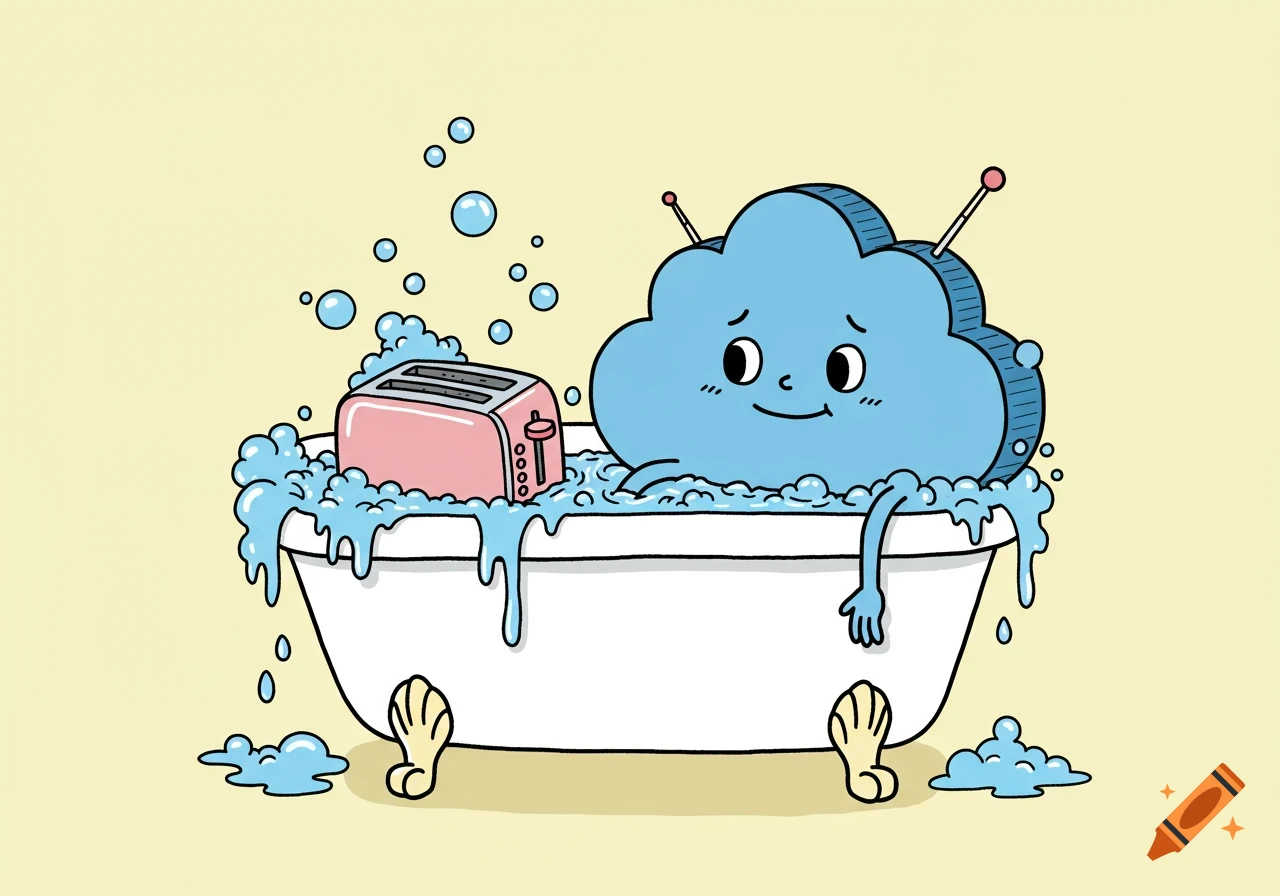 Cartoon illustration of a blue cloud character in a bathtub with a pink toaster.