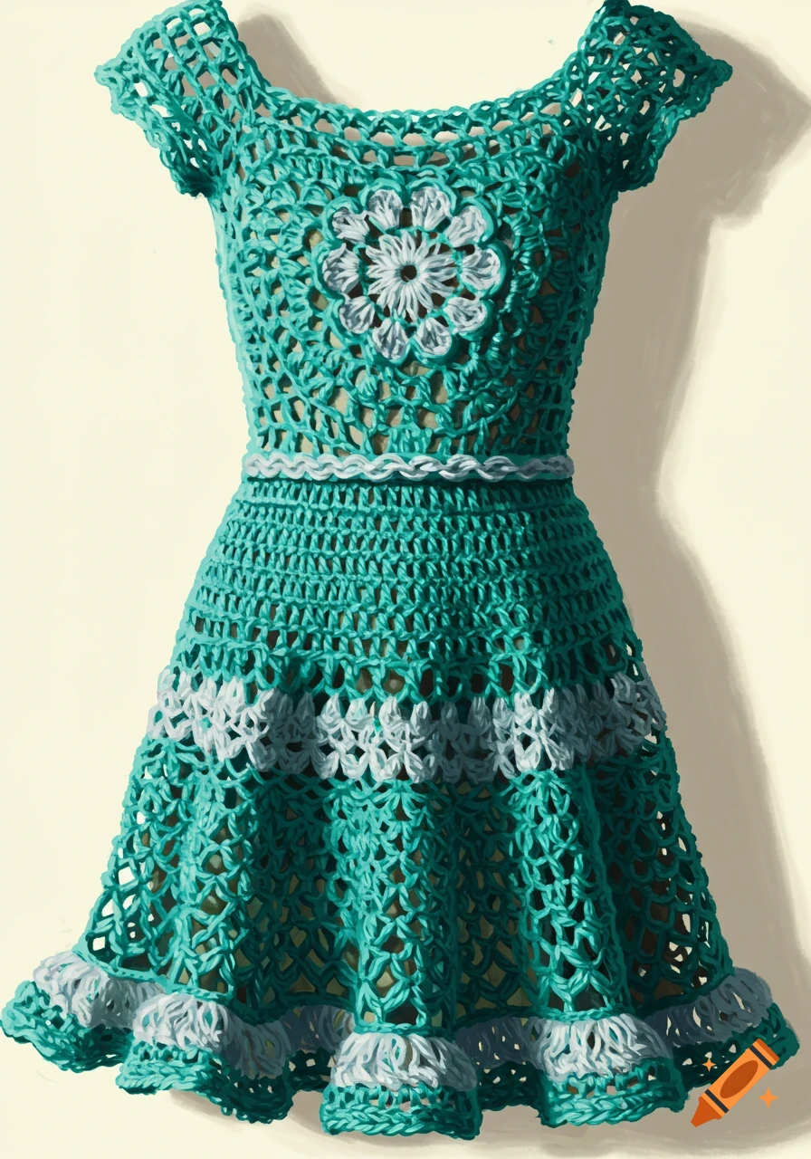 A close-up shot of a turquoise and light blue crochet dress on a form.