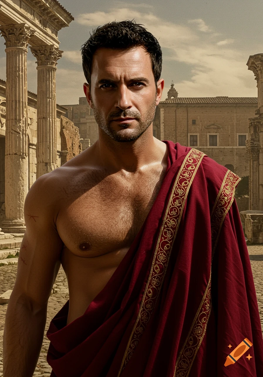 A man wearing a red roman toga stands in ancient ruins.