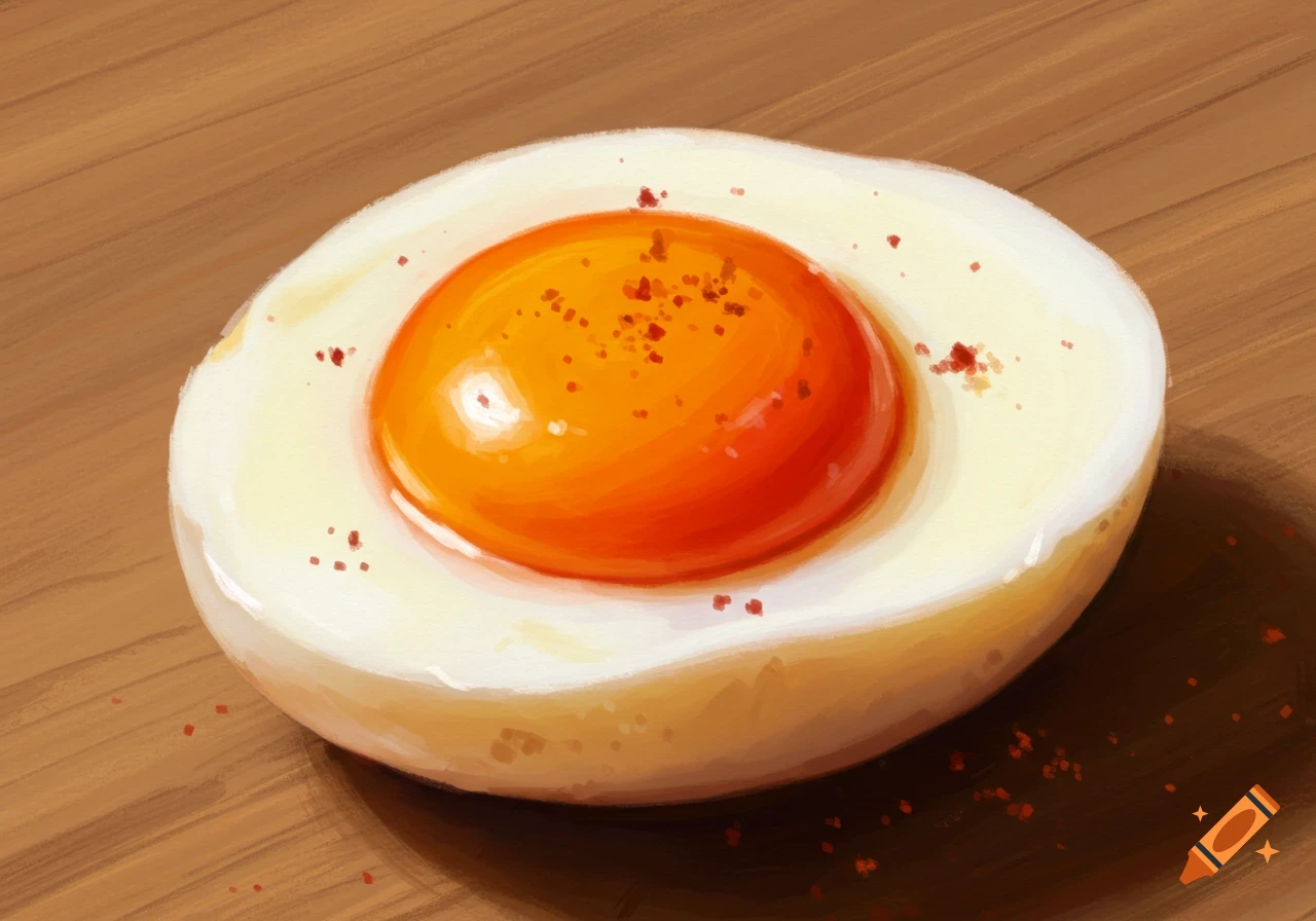 A halved boiled egg with a runny yolk and red spice on a wooden table, painted style