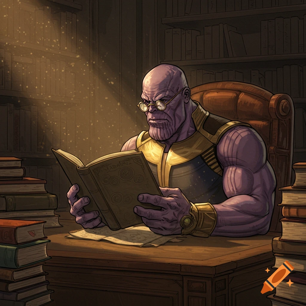 Thanos wearing glasses reads a large book in a library.