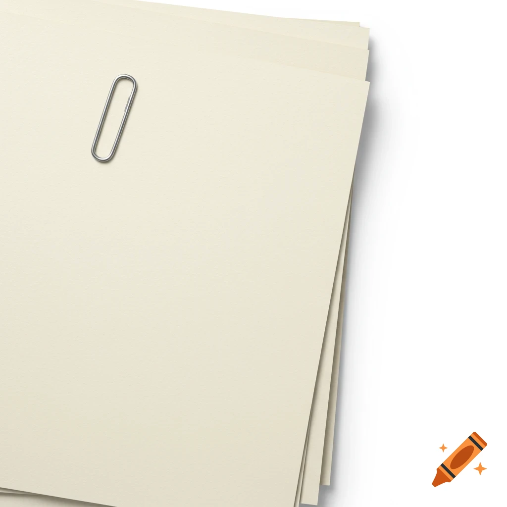 Stack of off-white papers with a paperclip on a white background, photorealistic