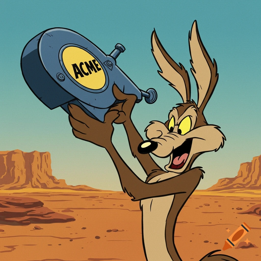 Cartoon of Wile E. Coyote holding up a blue ACME device in a desert.