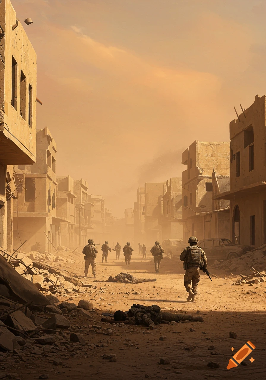 Soldiers walk through a destroyed city street with bodies on the ground under an orange sky.