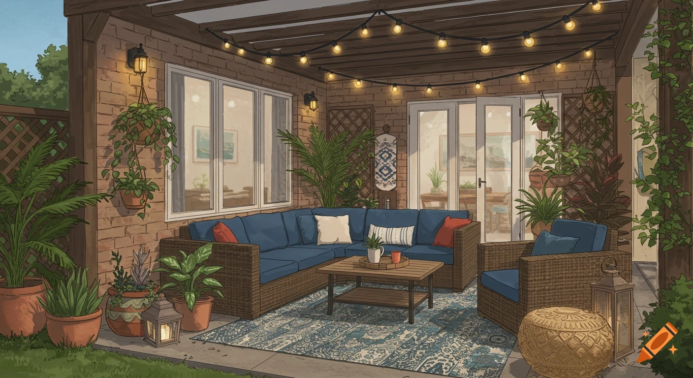Illustrated view of a cozy, bohemian outdoor patio lounge with a sectional sofa, plants, string lights, and rug.