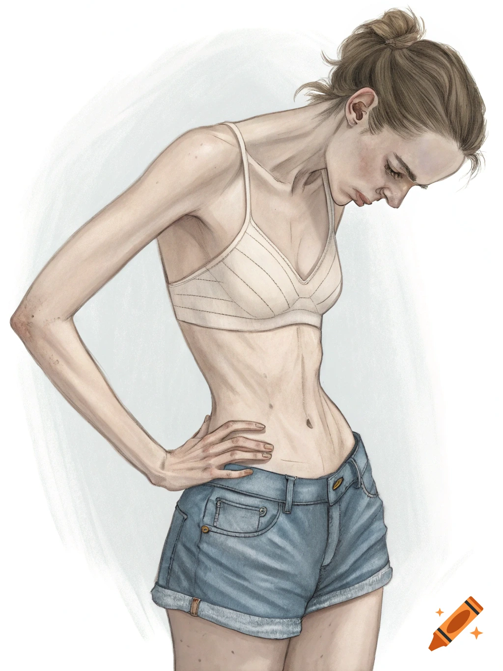 Illustration of a very thin young woman in a bra and shorts, looking down.