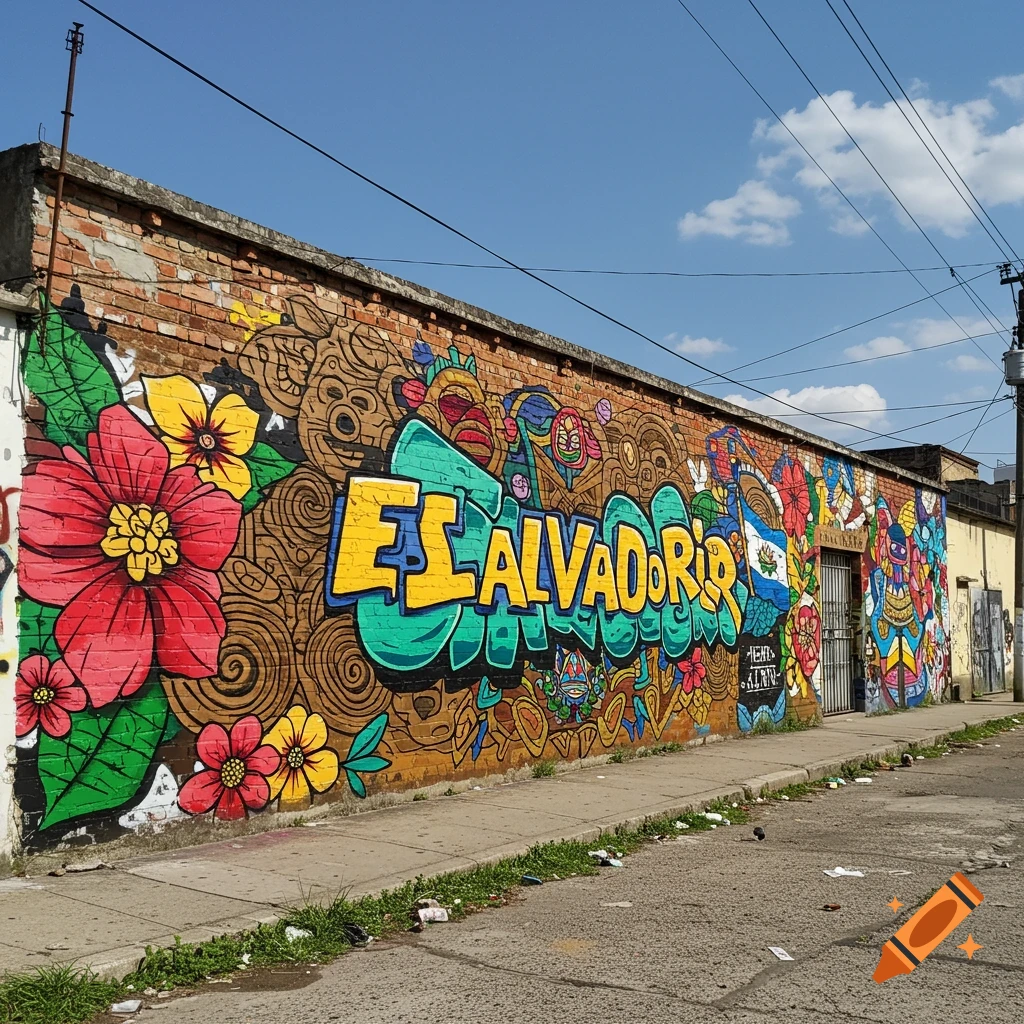 A colorful graffiti mural on a brick wall featuring the text 'EL SALVADOR', flowers, and abstract patterns.