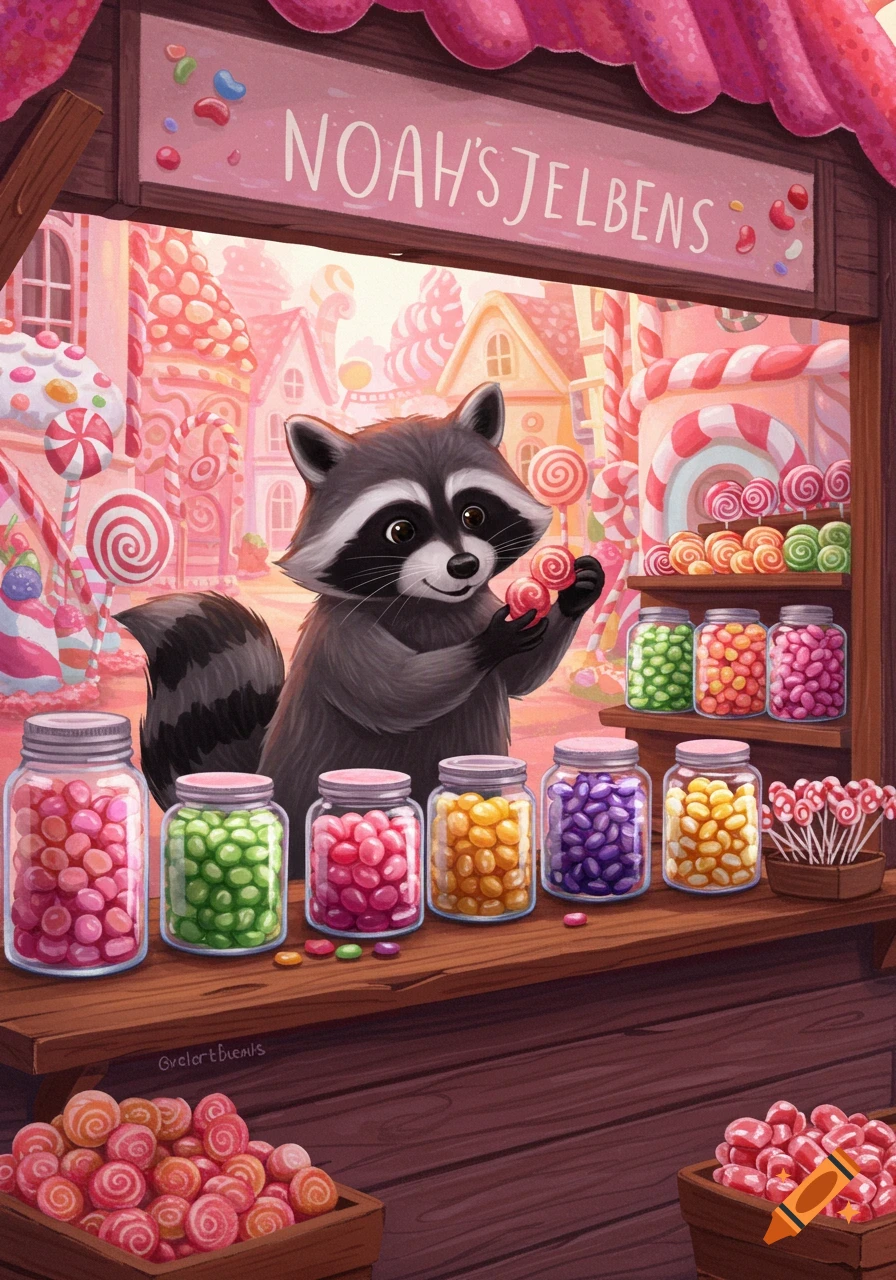 Illustration of a raccoon selling jars of colorful jellybeans and candy from a stand in a sweet, candy-themed town.