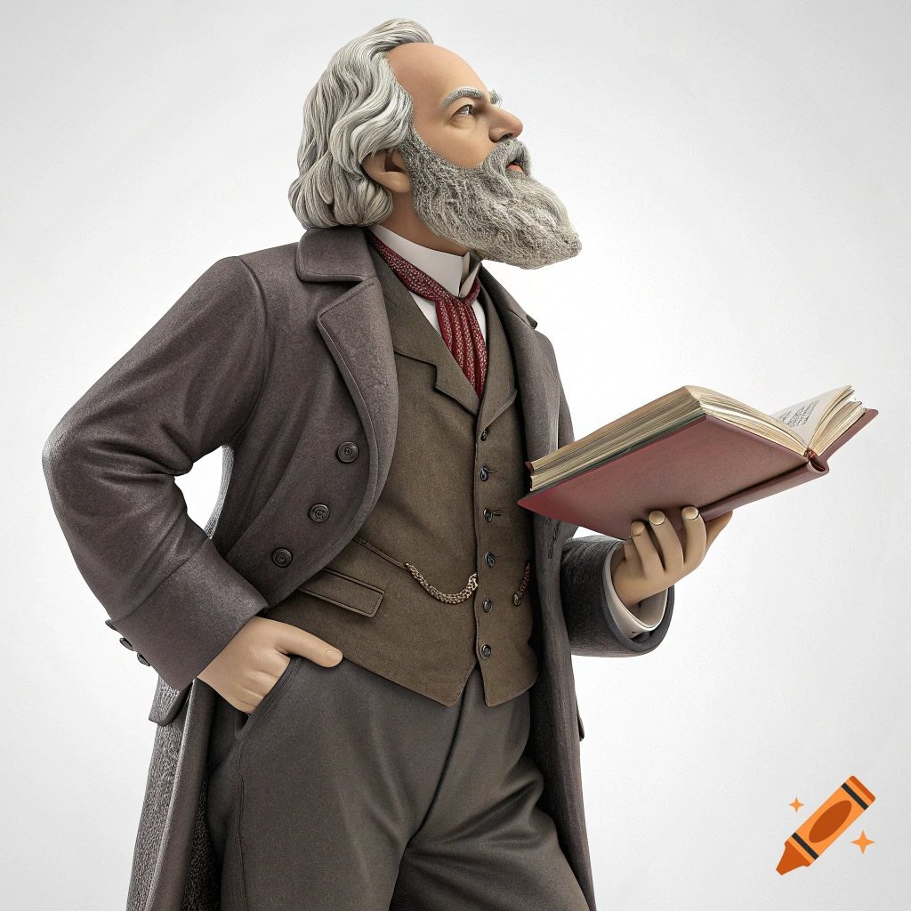 An action figure of Karl Marx holding a book, against a white background.