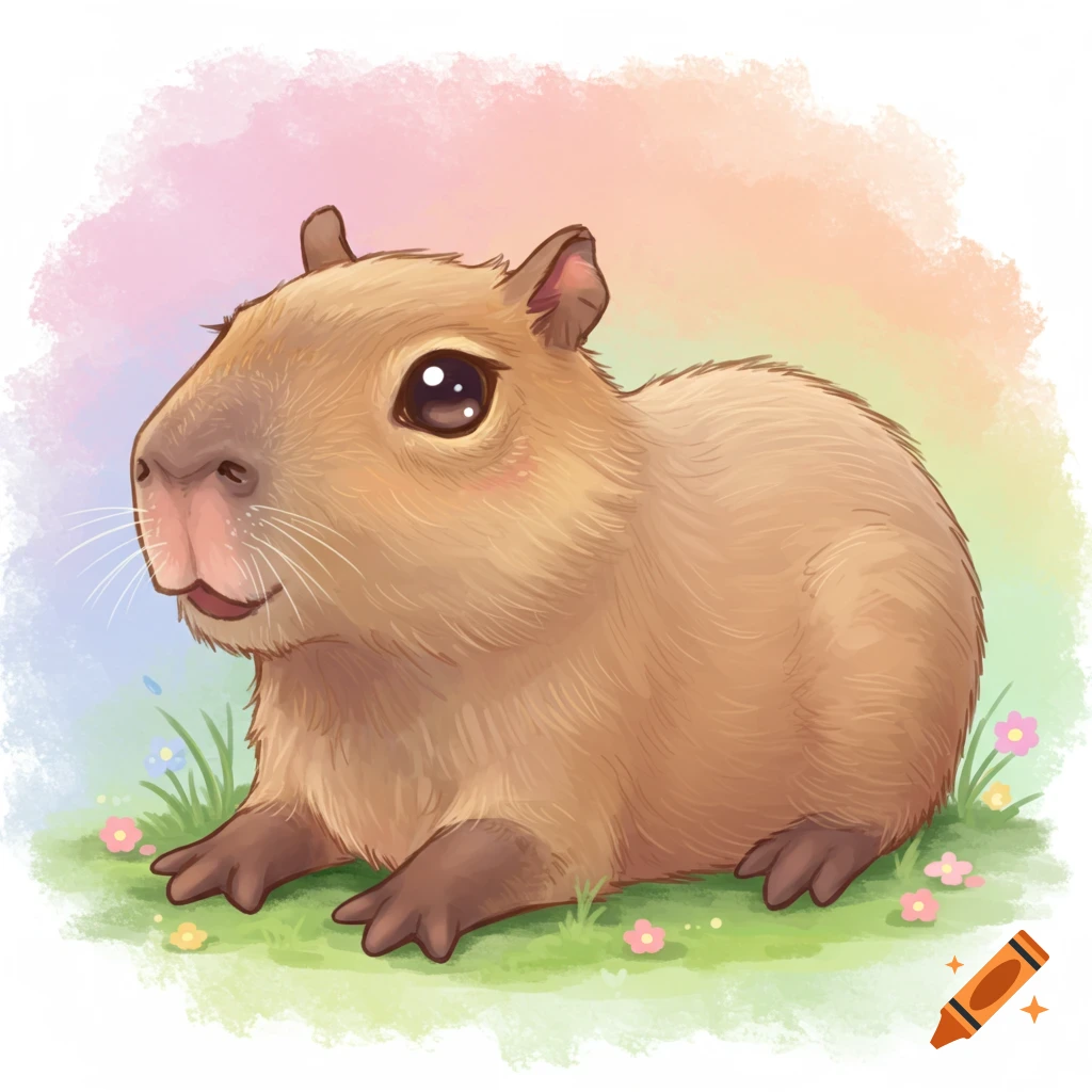 A cute watercolor illustration of a capybara sitting in green grass with small flowers against a pastel background.