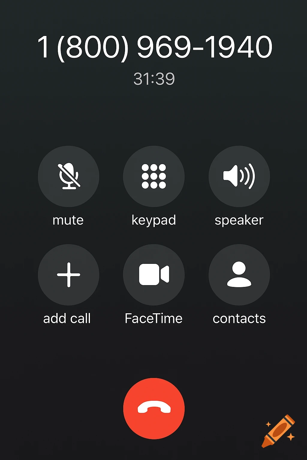 Screenshot of an iPhone call interface showing the number 1 (800) 969-1940 and a call duration of 31:39.