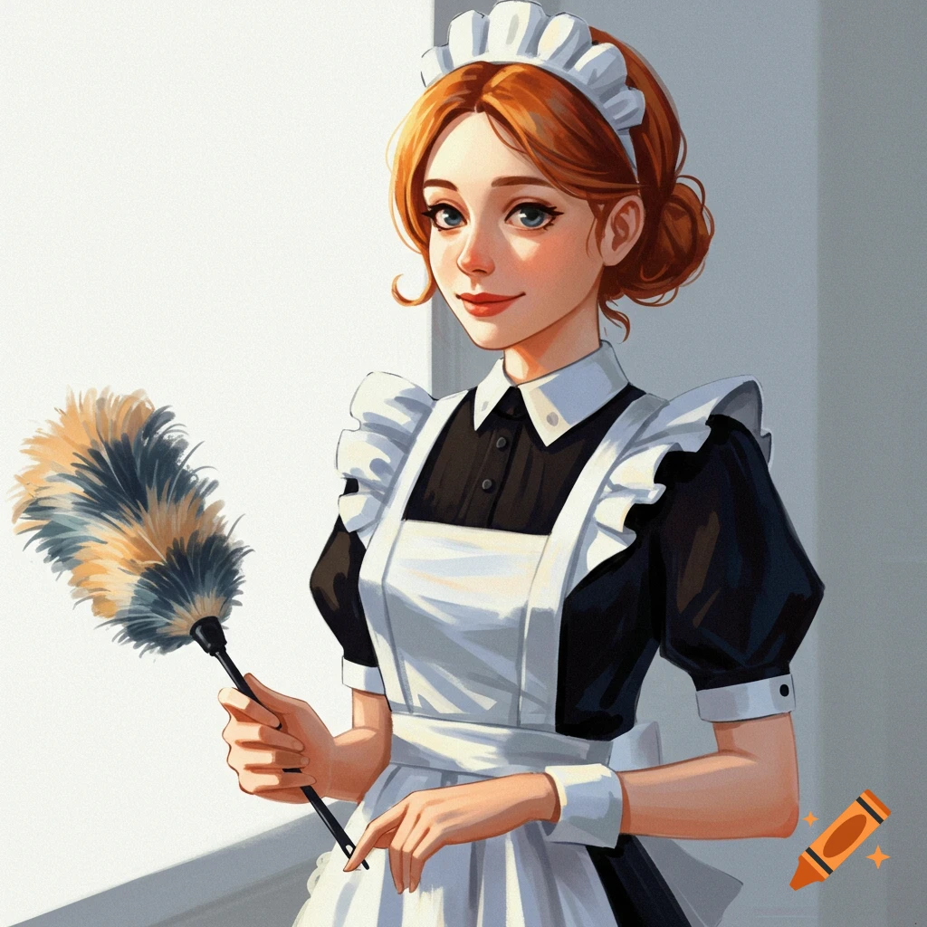 An illustration of a young woman dressed as a maid holding a feather duster.