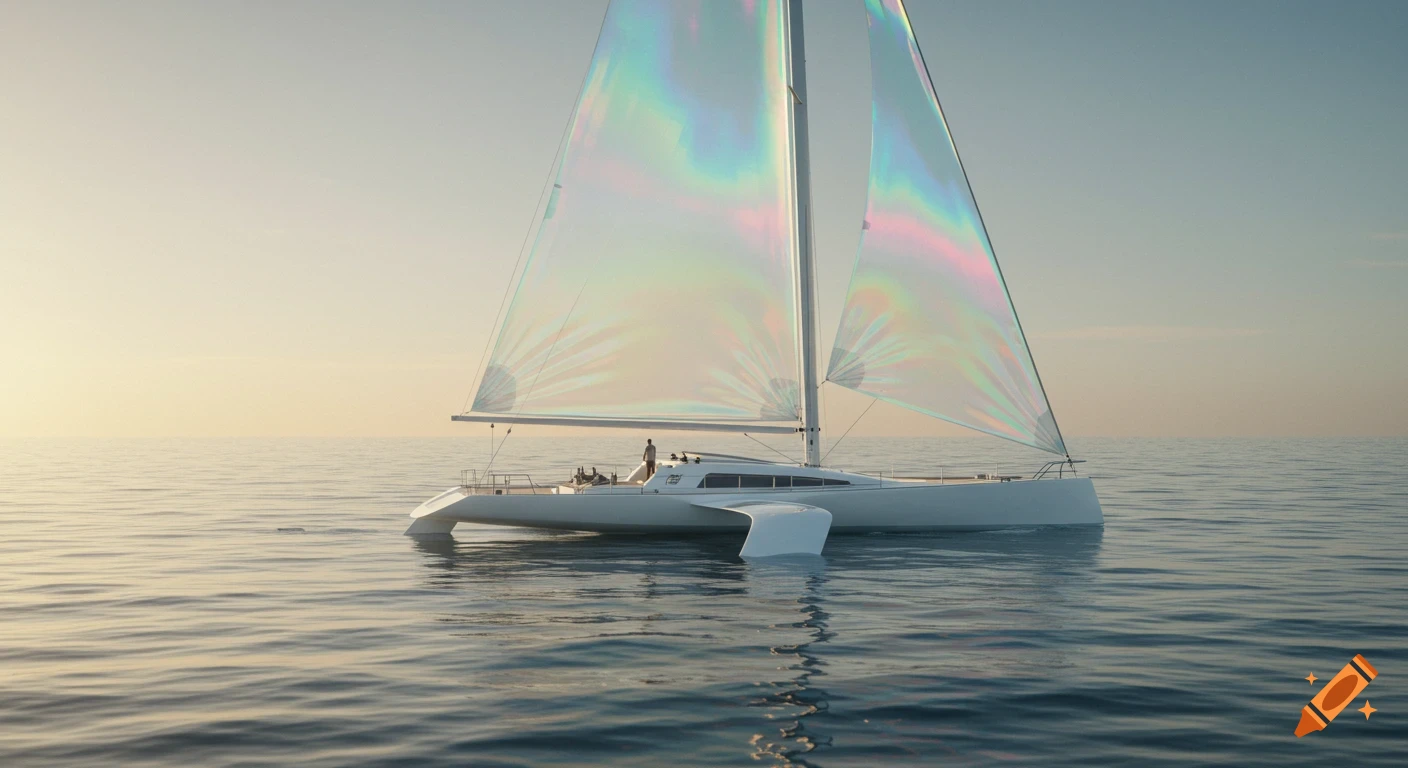 White catamaran with iridescent sails sailing on calm ocean during sunrise or sunset.