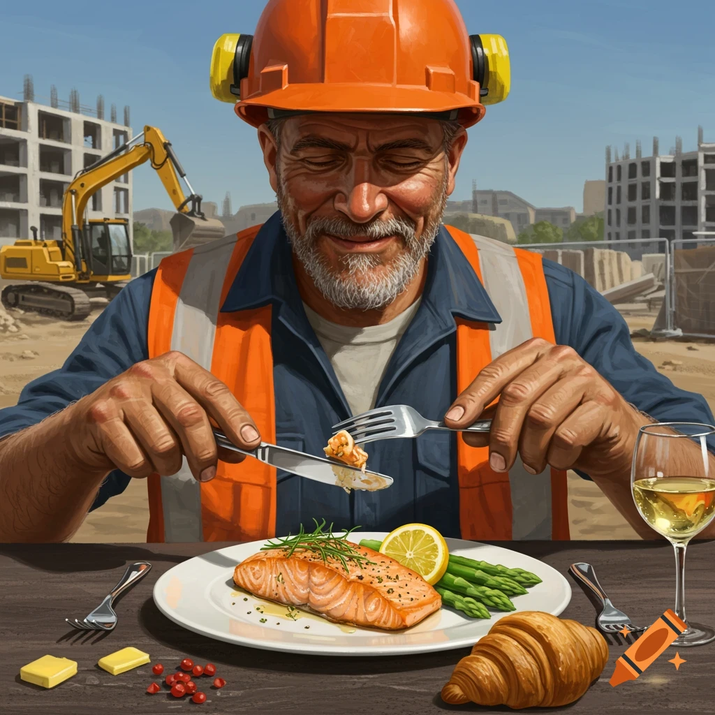A construction worker in a hard hat enjoys a gourmet meal of salmon and asparagus at a table with a construction site in the background.