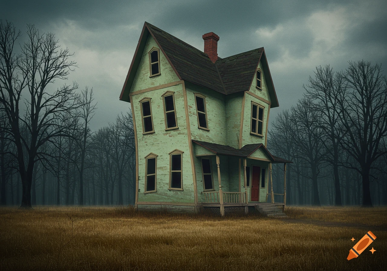A strange, crooked house stands in a field of dry grass surrounded by bare trees under a dark, cloudy sky.