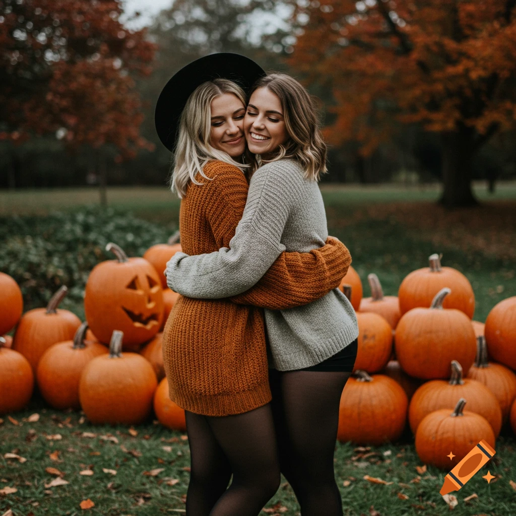 Two friends hug among pumpkins in an autumn park, photograph